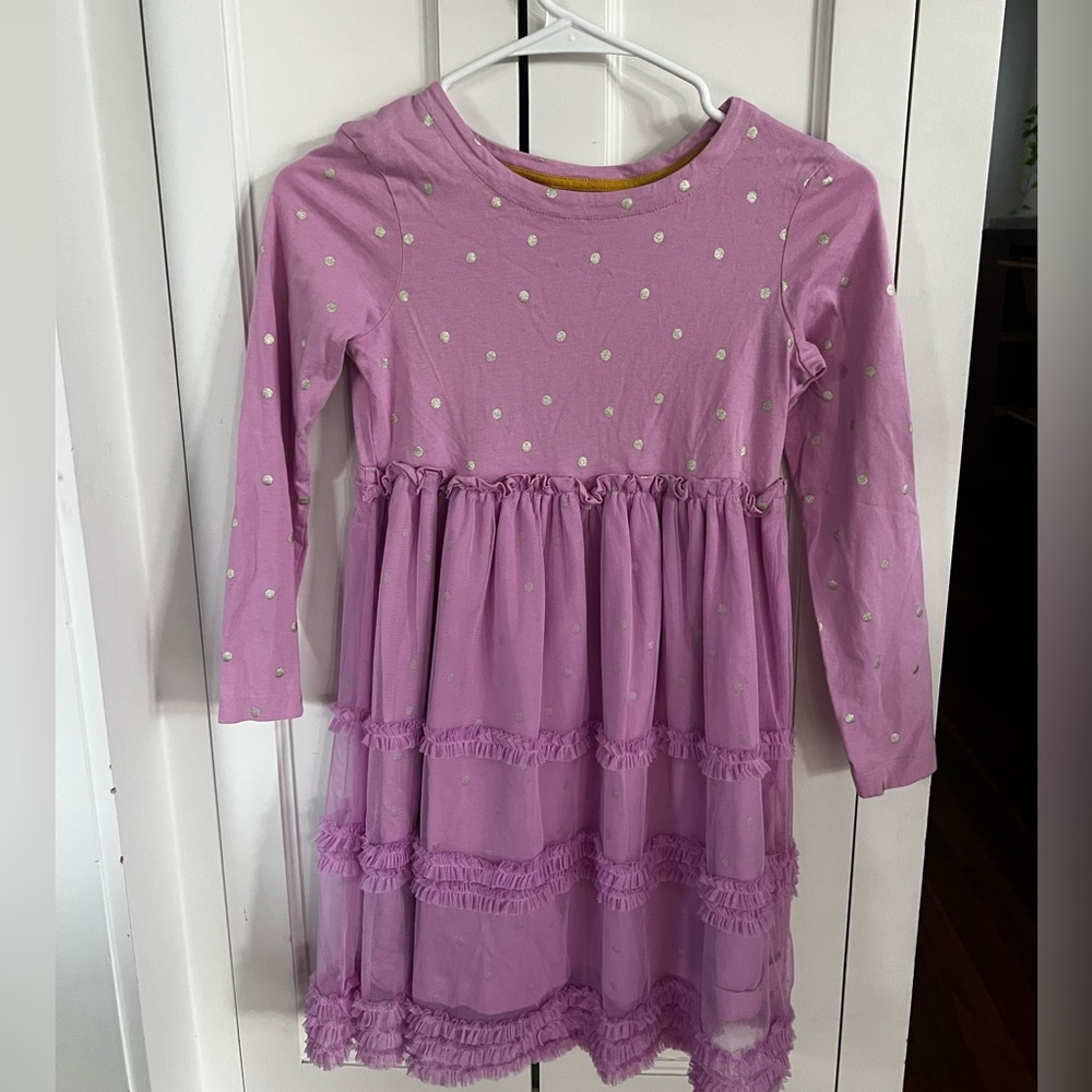 Mini Boden Long Sleeve Jersey Tulle Dress in a pink color with gold polka dots